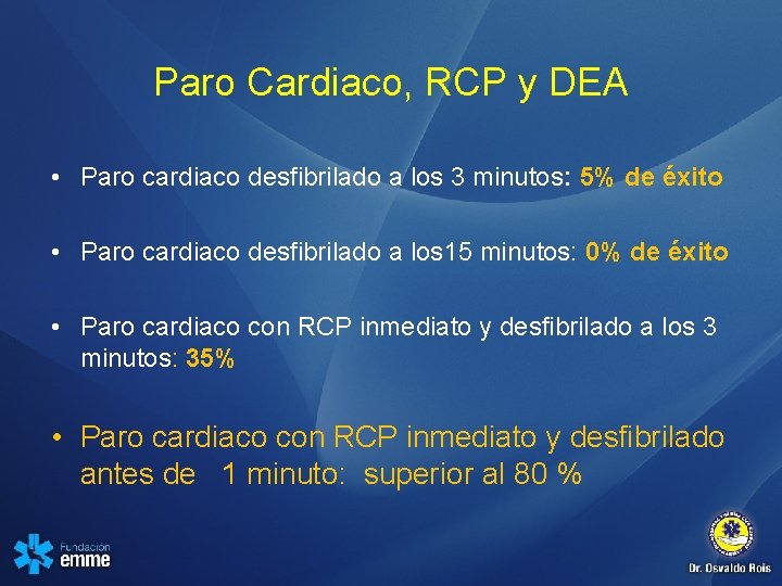Paro Cardiaco, RCP y DEA • Paro cardiaco desfibrilado a los 3 minutos: 5%