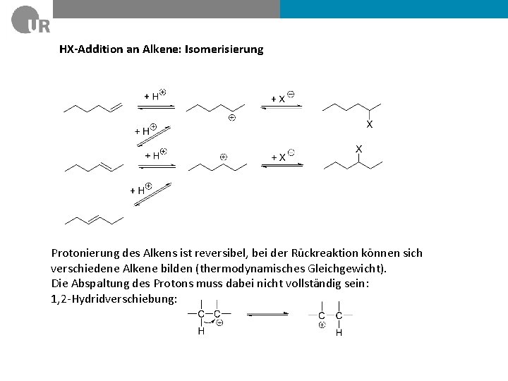 HX-Addition an Alkene: Isomerisierung Protonierung des Alkens ist reversibel, bei der Rückreaktion können sich