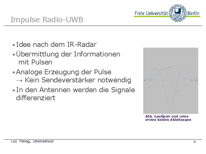 Impulse Radio-UWB Idee nach dem IR-Radar Übermittlung der Informationen mit Pulsen Beispielbild Analoge Erzeugung