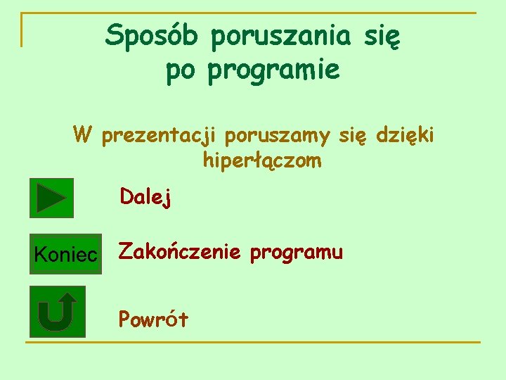 Sposób poruszania się po programie W prezentacji poruszamy się dzięki hiperłączom Dalej Koniec Zakończenie