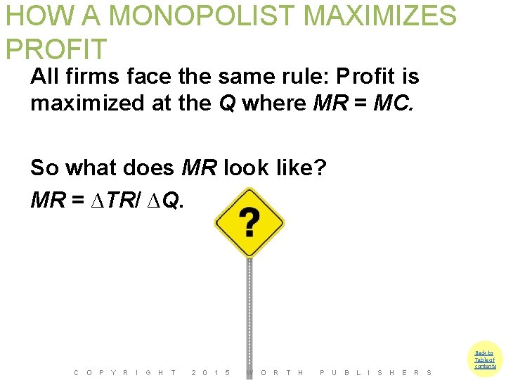 HOW A MONOPOLIST MAXIMIZES PROFIT All firms face the same rule: Profit is maximized