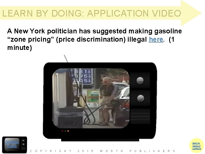 LEARN BY DOING: APPLICATION VIDEO A New York politician has suggested making gasoline “zone