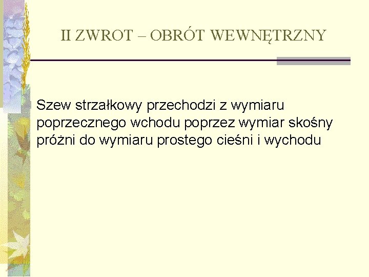 II ZWROT – OBRÓT WEWNĘTRZNY n Szew strzałkowy przechodzi z wymiaru poprzecznego wchodu poprzez