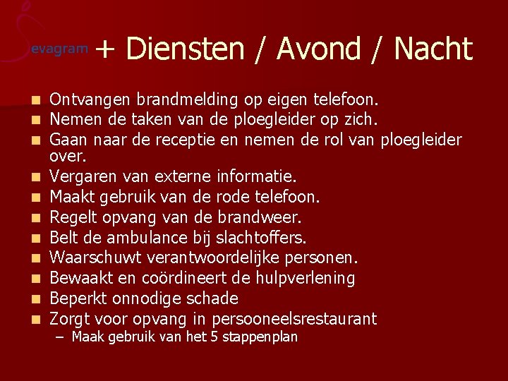 + Diensten / Avond / Nacht n n n Ontvangen brandmelding op eigen telefoon.