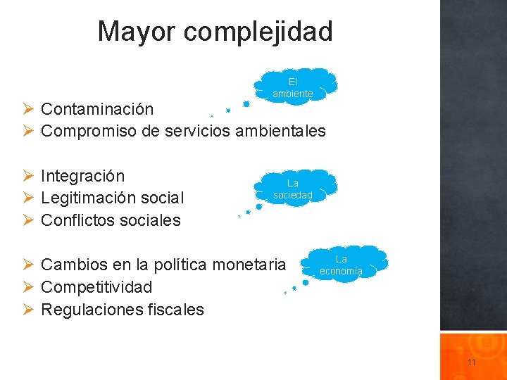 Mayor complejidad El ambiente Ø Contaminación Ø Compromiso de servicios ambientales Ø Integración Ø