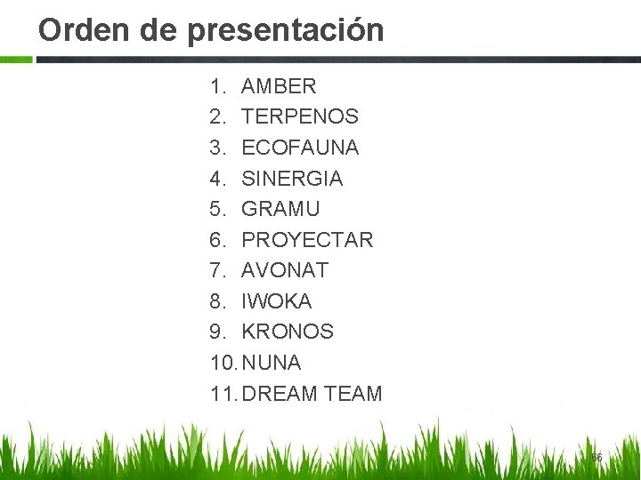 Orden de presentación 1. AMBER 2. TERPENOS 3. ECOFAUNA 4. SINERGIA 5. GRAMU 6.