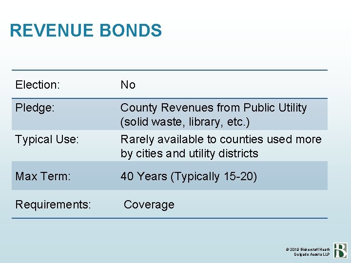 REVENUE BONDS Election: No Pledge: County Revenues from Public Utility (solid waste, library, etc.