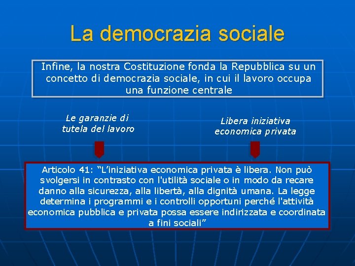 La democrazia sociale Infine, la nostra Costituzione fonda la Repubblica su un concetto di