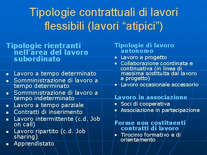 Tipologie contrattuali di lavori flessibili (lavori “atipici”) Tipologie rientranti nell’area del lavoro subordinato n