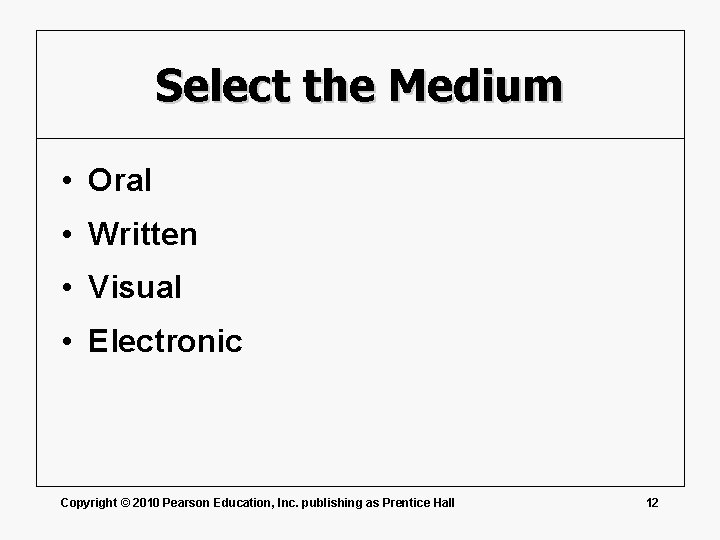 Select the Medium • Oral • Written • Visual • Electronic Copyright © 2010