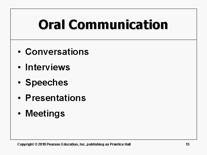 Oral Communication • Conversations • Interviews • Speeches • Presentations • Meetings Copyright ©