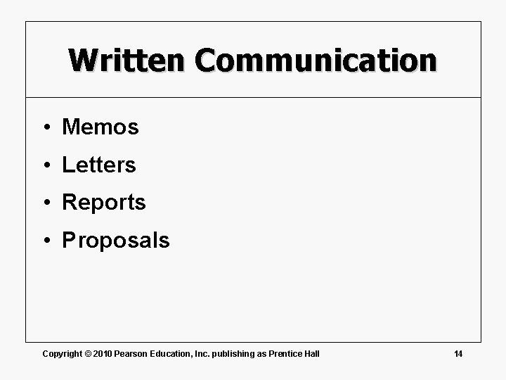 Written Communication • Memos • Letters • Reports • Proposals Copyright © 2010 Pearson