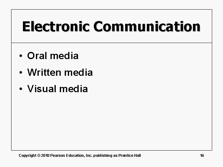 Electronic Communication • Oral media • Written media • Visual media Copyright © 2010