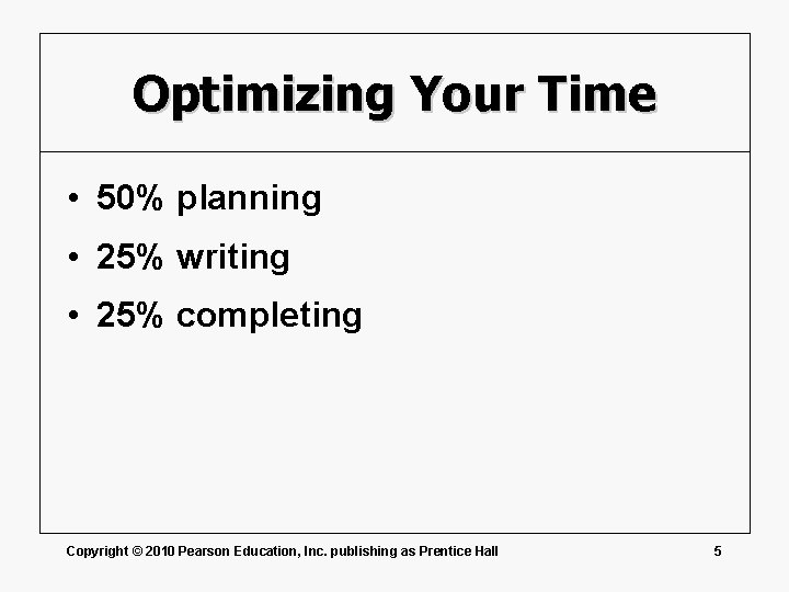 Optimizing Your Time • 50% planning • 25% writing • 25% completing Copyright ©