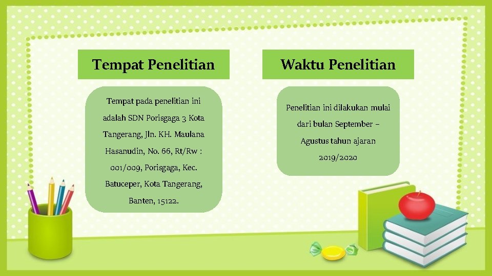 Tempat Penelitian Tempat pada penelitian ini adalah SDN Porisgaga 3 Kota Tangerang, Jln. KH.