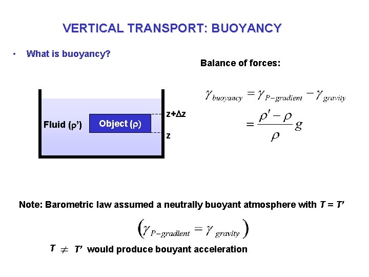 VERTICAL TRANSPORT: BUOYANCY • What is buoyancy? Fluid (r’) Object (r) Balance of forces: