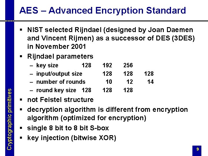 AES – Advanced Encryption Standard Cryptographic primitives § NIST selected Rijndael (designed by Joan