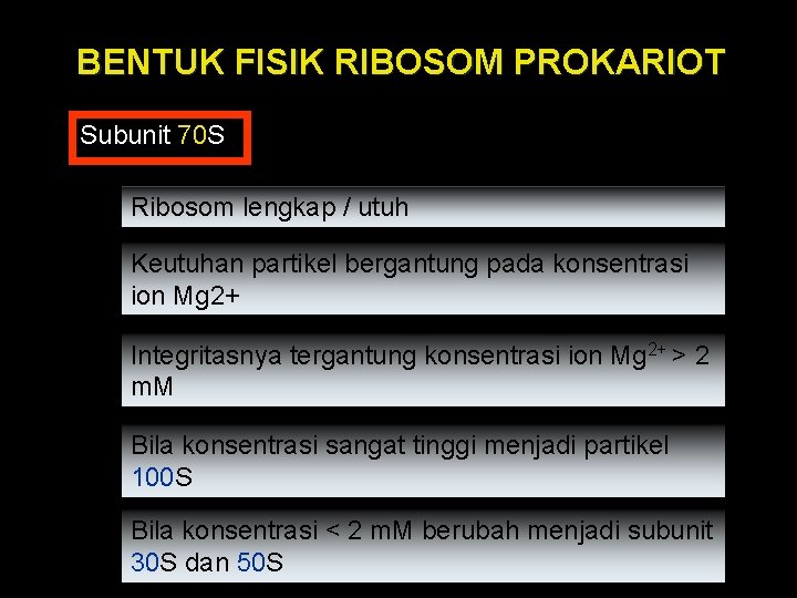 BENTUK FISIK RIBOSOM PROKARIOT Subunit 70 S Ribosom lengkap / utuh Keutuhan partikel bergantung