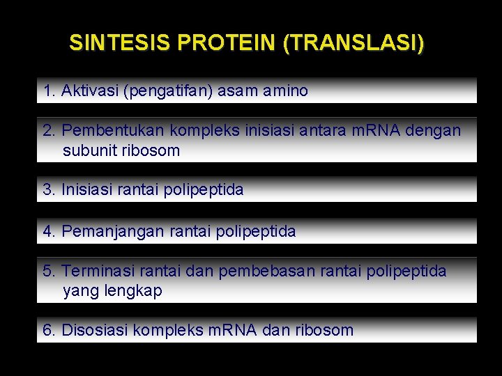 SINTESIS PROTEIN (TRANSLASI) 1. Aktivasi (pengatifan) asam amino 2. Pembentukan kompleks inisiasi antara m.