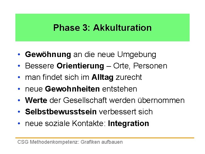 Phase 3: Akkulturation • • Gewöhnung an die neue Umgebung Bessere Orientierung – Orte,