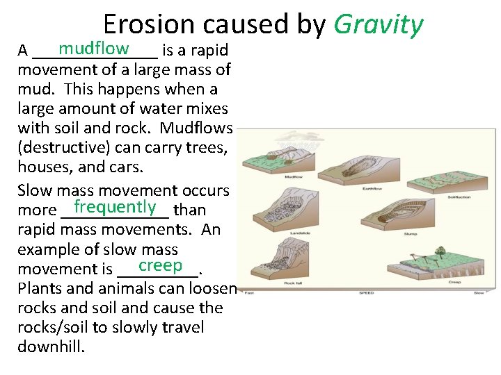Erosion caused by Gravity mudflow A _______ is a rapid movement of a large
