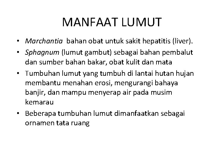 MANFAAT LUMUT • Marchantia bahan obat untuk sakit hepatitis (liver). • Sphagnum (lumut gambut)