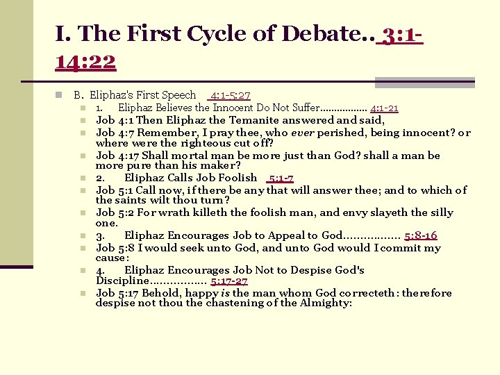 I. The First Cycle of Debate. . 3: 114: 22 n B. Eliphaz's First