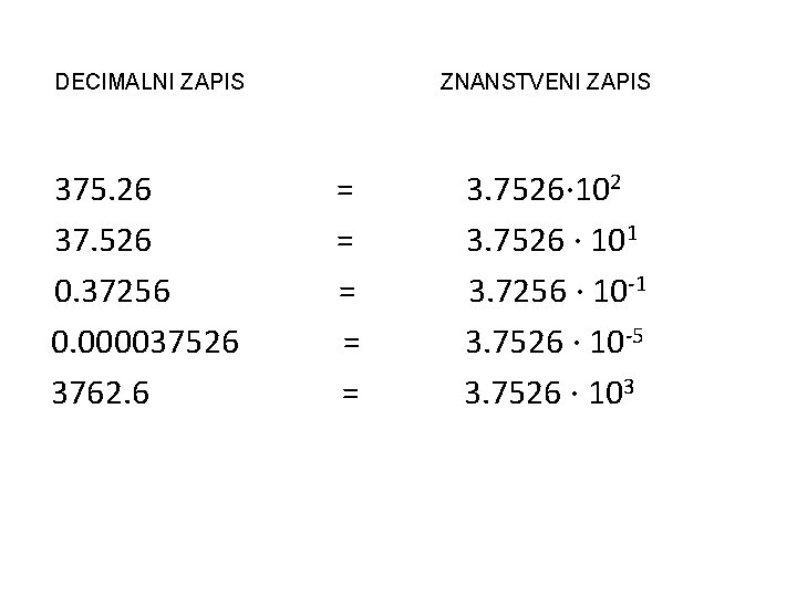 DECIMALNI ZAPIS 375. 26 37. 526 0. 37256 0. 000037526 3762. 6 ZNANSTVENI ZAPIS