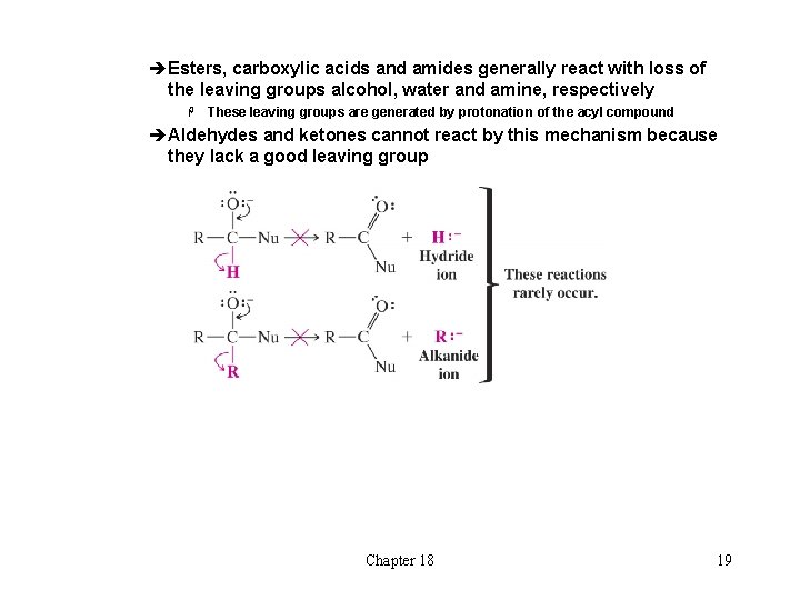 èEsters, carboxylic acids and amides generally react with loss of the leaving groups alcohol,