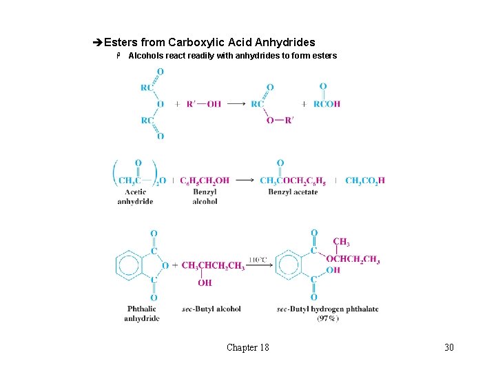 èEsters from Carboxylic Acid Anhydrides H Alcohols react readily with anhydrides to form esters