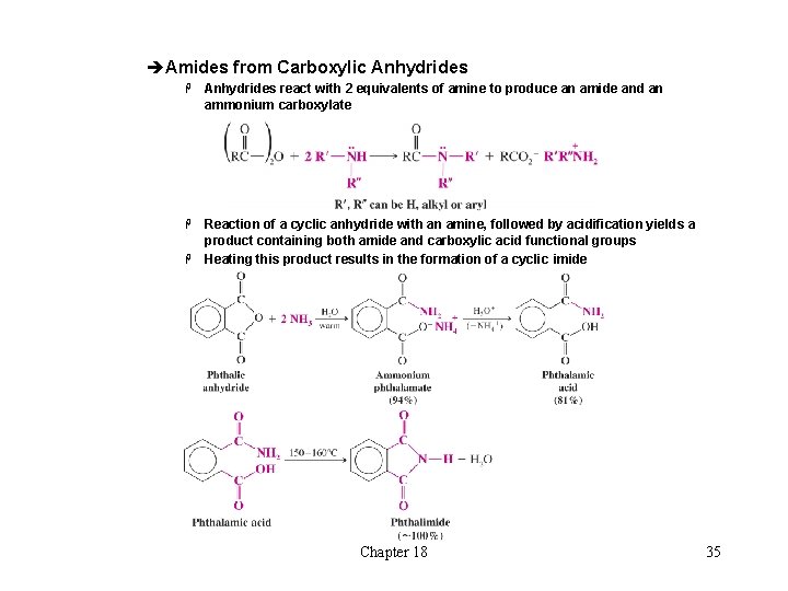 èAmides from Carboxylic Anhydrides H Anhydrides react with 2 equivalents of amine to produce
