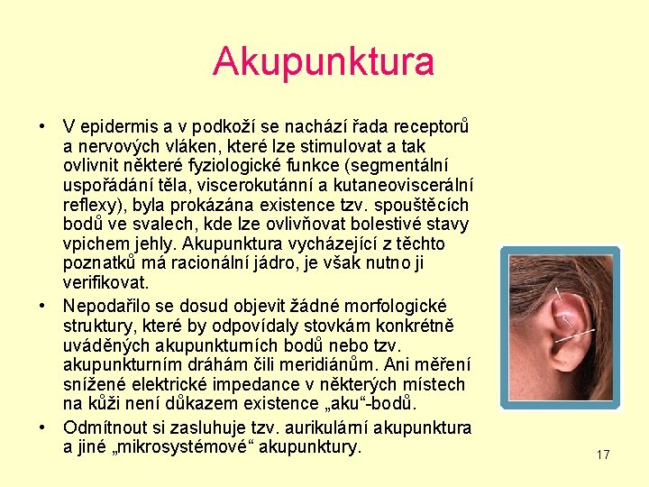 Akupunktura • V epidermis a v podkoží se nachází řada receptorů a nervových vláken,