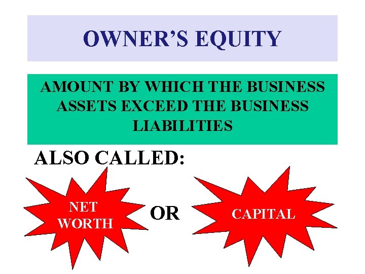 OWNER’S EQUITY AMOUNT BY WHICH THE BUSINESS ASSETS EXCEED THE BUSINESS LIABILITIES ALSO CALLED: