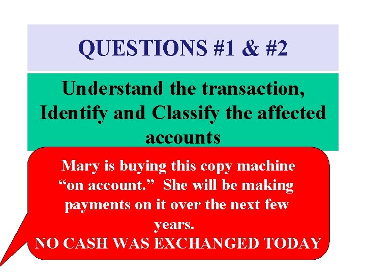 QUESTIONS #1 & #2 Understand the transaction, Identify and Classify the affected accounts Mary