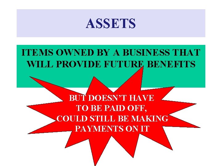 ASSETS ITEMS OWNED BY A BUSINESS THAT WILL PROVIDE FUTURE BENEFITS BUT DOESN’T HAVE