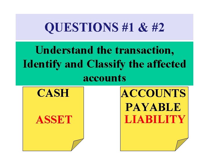 QUESTIONS #1 & #2 Understand the transaction, Identify and Classify the affected accounts CASH