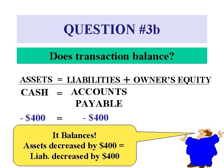 QUESTION #3 b Does transaction balance? ASSETS = LIABILITIES + OWNER’S EQUITY CASH =