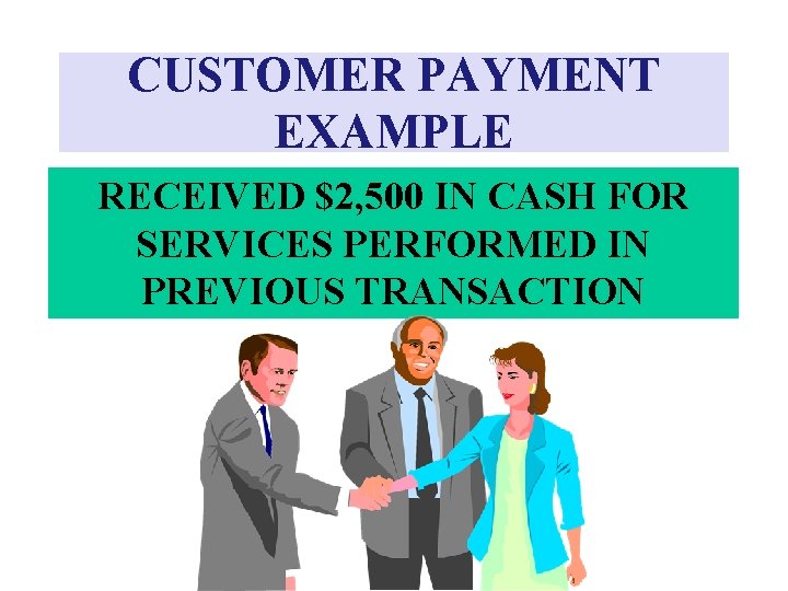 CUSTOMER PAYMENT EXAMPLE RECEIVED $2, 500 IN CASH FOR SERVICES PERFORMED IN PREVIOUS TRANSACTION