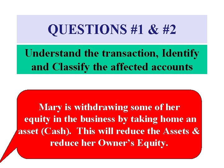 QUESTIONS #1 & #2 Understand the transaction, Identify and Classify the affected accounts Mary