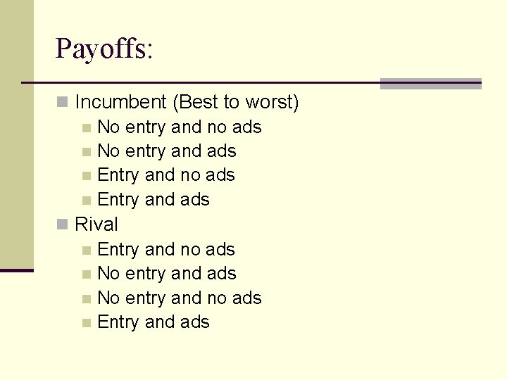 Payoffs: n Incumbent (Best to worst) n No entry and no ads n No