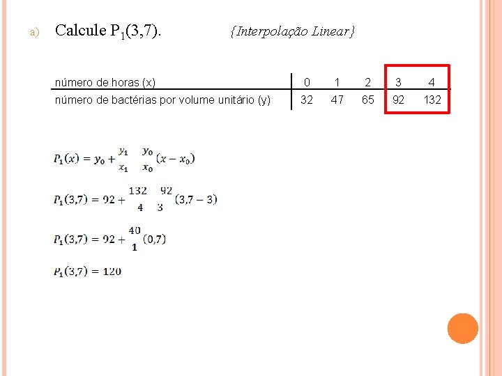 a) Calcule P 1(3, 7). {Interpolação Linear} número de horas (x) 0 1 2