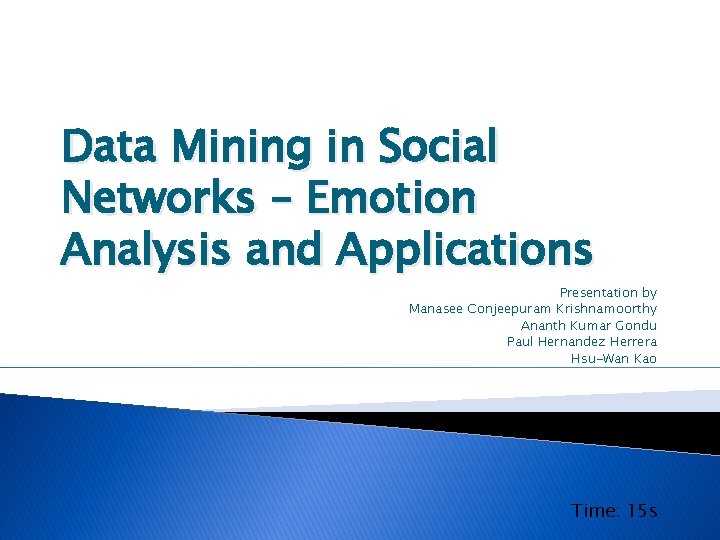 Data Mining in Social Networks – Emotion Analysis and Applications Presentation by Manasee Conjeepuram