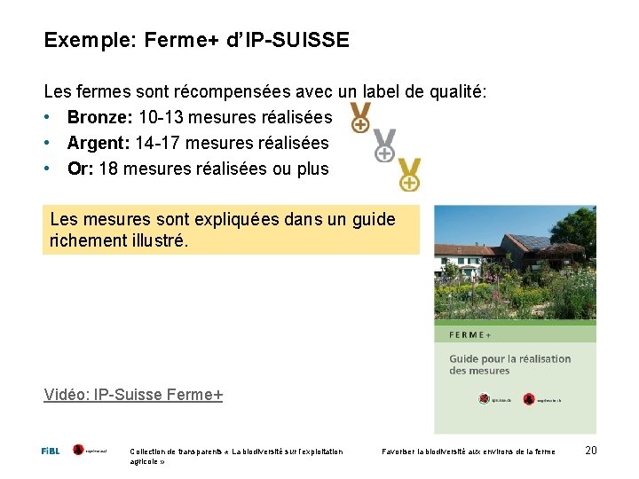 Exemple: Ferme+ d’IP-SUISSE Les fermes sont récompensées avec un label de qualité: • Bronze: