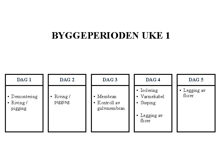 BYGGEPERIODEN UKE 1 DAG 1 • Demontering • Riving / pigging DAG 2 •