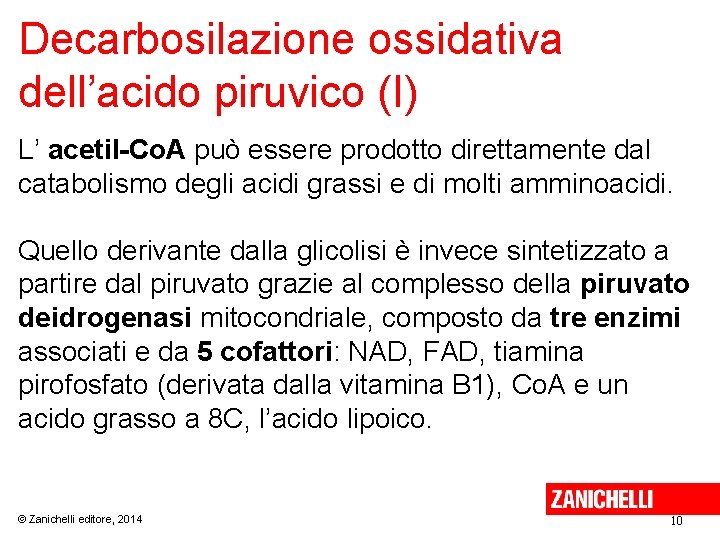 Decarbosilazione ossidativa dell’acido piruvico (I) L’ acetil-Co. A può essere prodotto direttamente dal catabolismo