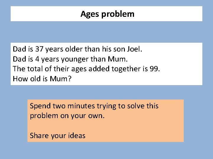 Ages problem Dad is 37 years older than his son Joel. Dad is 4