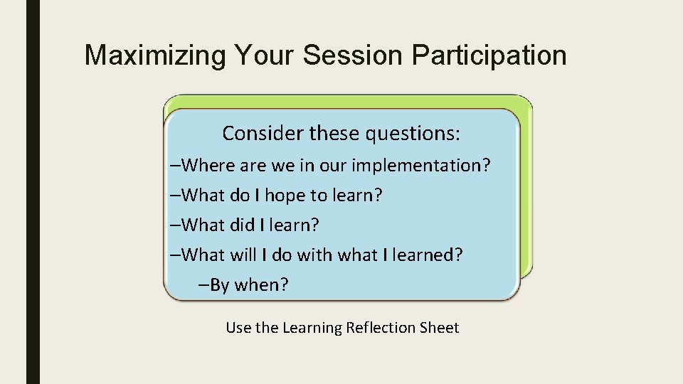 Maximizing Your Session Participation Consider these questions: –Where are we in our implementation? –What