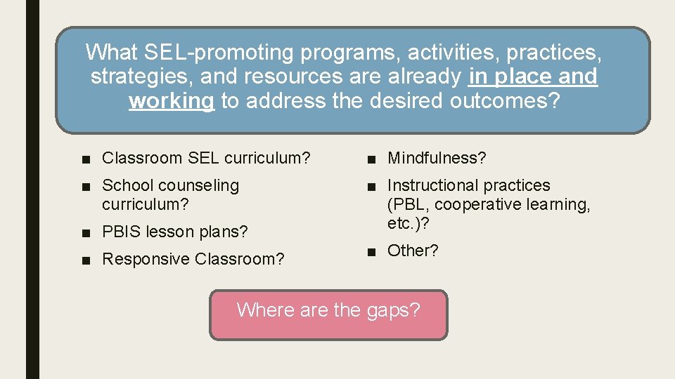 What SEL-promoting programs, activities, practices, strategies, and resources are already in place and working