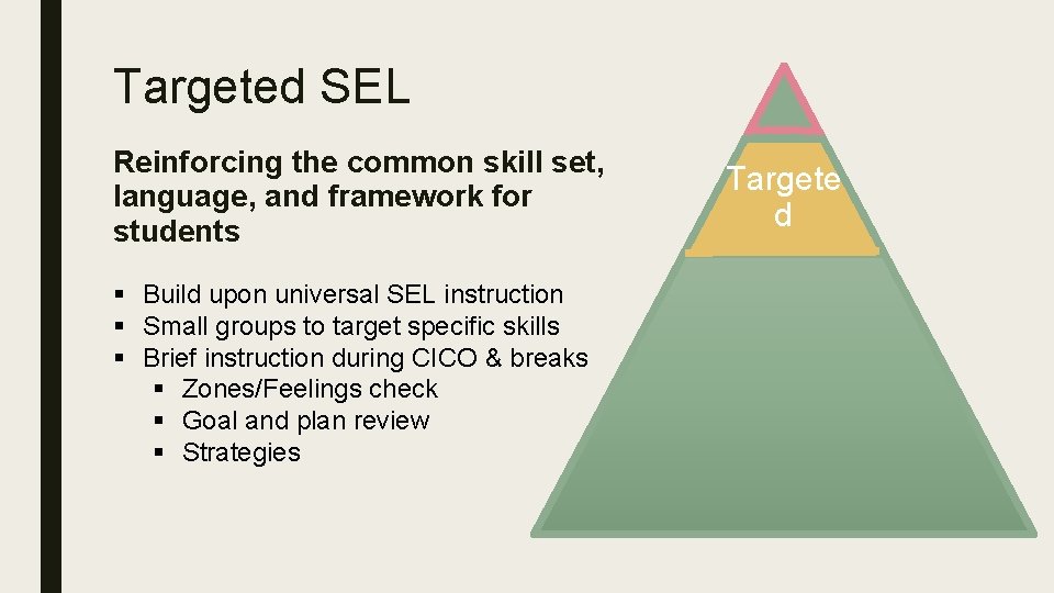Targeted SEL Reinforcing the common skill set, language, and framework for students § Build