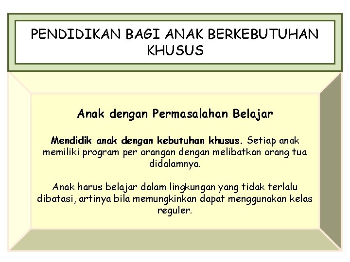 PENDIDIKAN BAGI ANAK BERKEBUTUHAN KHUSUS Anak dengan Permasalahan Belajar Mendidik anak dengan kebutuhan khusus.